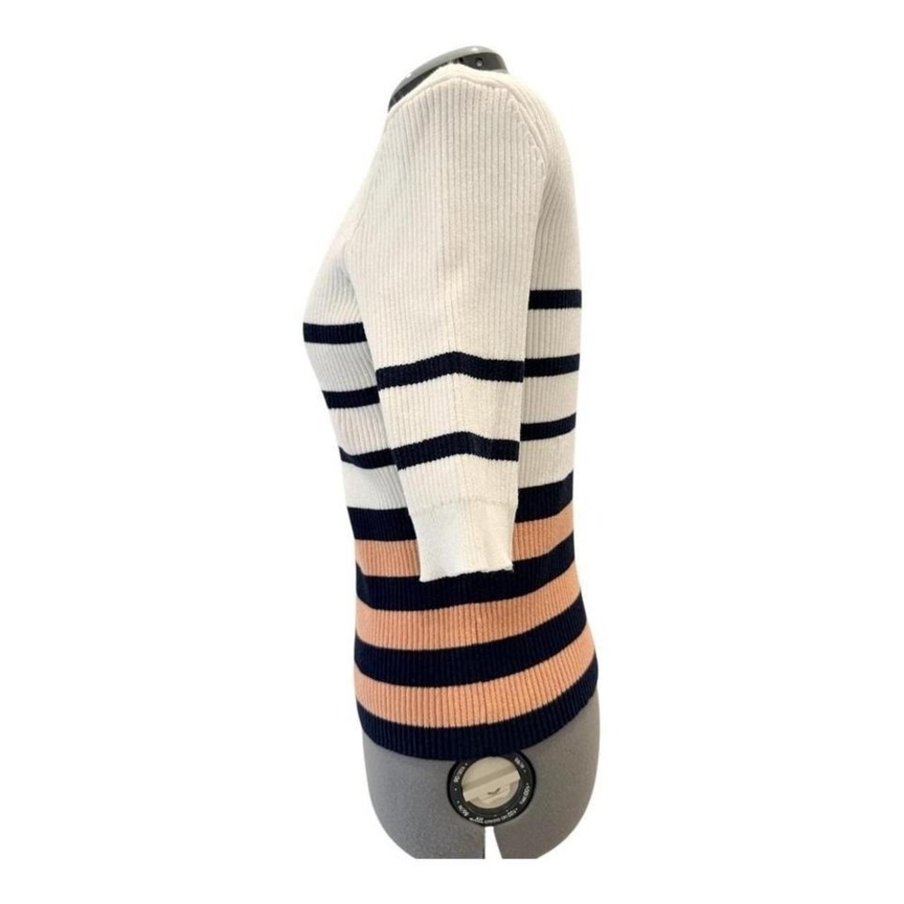 FRAME Ribbed Knit Striped Sweater White Navy Blue Peach Elbow Sleeve Womens L - Picture 5 of 8